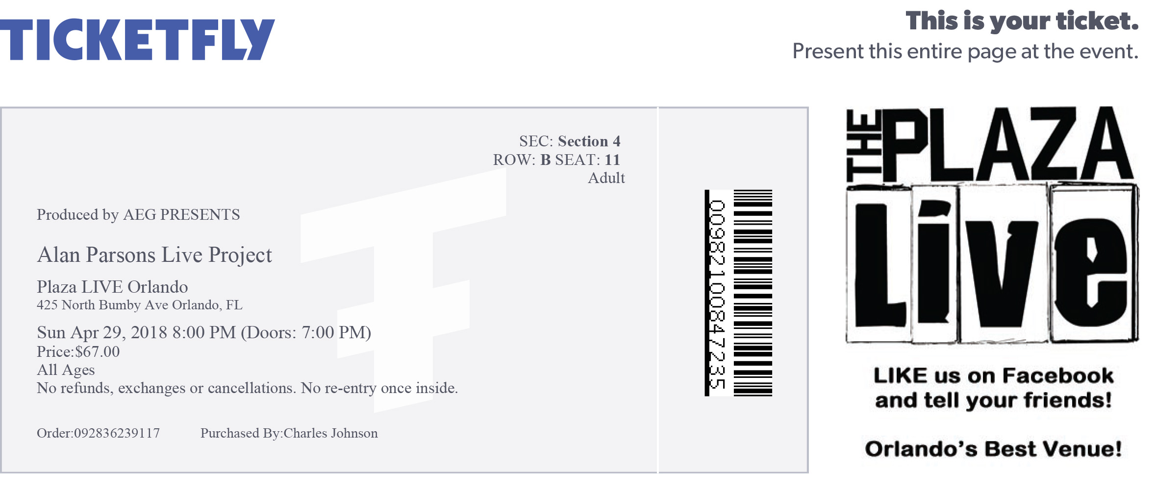 Concert ticket for Alan Parsons Project at The Plaza Live, Orlando Florida on 29 April 2018